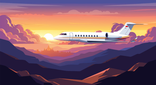 Serene vector illustration of a private jet flying over misty mountains at sunset