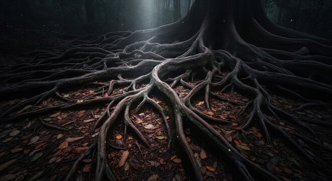 Intricate Pattern of Ancient Tree Roots Spreading Across Forest Floor