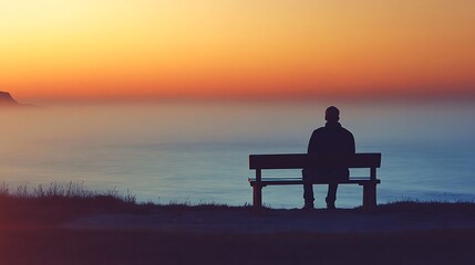 Obraz premium Person sitting alone on seaside bench at sunrise, foggy ocean horizon and cinematic healing atmosphere, ultra realistic coastal scene