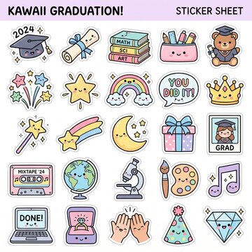 Cute graduation and celebration sticker sheet set. Kawaii style school doodles including graduation cap, diploma, stack of books, teddy bear wisuda, fireworks, rainbow, star, gift, microscope, globe