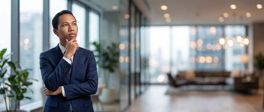 Indonesian business man investor, doubtful young male ceo executive wearing suit standing in office holding hand in chin looking away at work thinking on leadership question, feeling doubt.