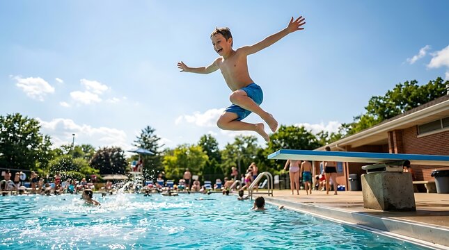 Happy boy leaping from a diving board into a public pool