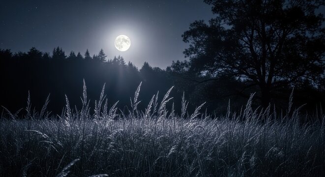 Moonlit night over grass field and forest