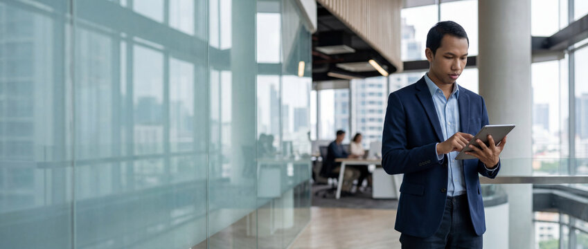 Busy young Indonesian business man executive standing in office using digital tablet. Young professional businessman corporate manager wearing suit and glasses holding tab working on finance project