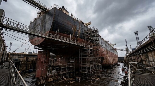 Large ship undergoing maintenance and repairs in a dry dock facility.