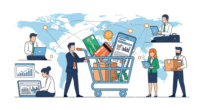 E-commerce, shopping, business, people, illustration, vector, online shopping, retail, marketing, global, commerce