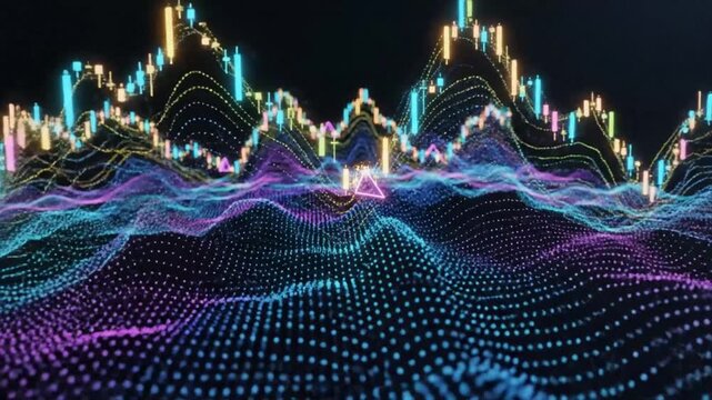 Abstract financial trading charts with candlestick patterns and colorful digital graphics background