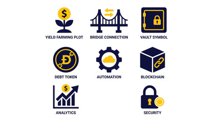 Fototapeta premium Cryptocurrency and Blockchain Technology Icons: Yield Farming, Bridge, Vault, Debt Token, Automation, Blockchain, Analytics, Security.