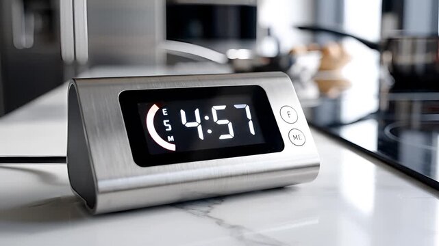 Modern Digital Alarm Clock Displaying Time on a Countertop.