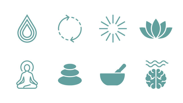 Set of eight wellness and meditation icons, including a water drop, refresh symbol, sun, lotus flower, meditating figure, stacked stones, mortar and pestle, and a brain with waves.
