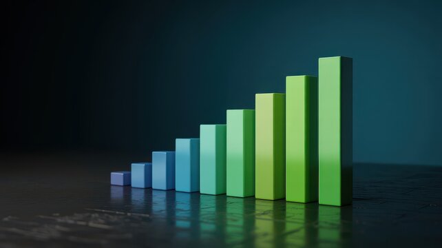 3D bar chart showing growth and success with rising green and blue columns on dark background