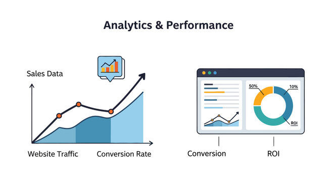 Business analytics, performance metrics, sales data, conversion rate, ROI vector icons