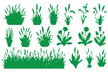Fototapeta premium Cattails and Reed Grass Silhouettes Collection Featuring Marsh Plants Black Vector Icons Set 