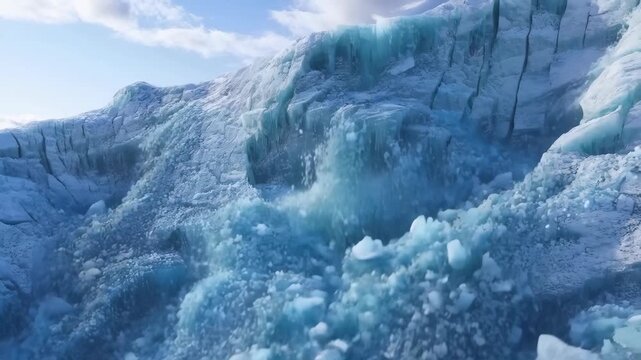 Glacier Wall Fragmenting and Collapsing in Icy Blue Tones with Falling Snow and Misty Spray During Climate Change