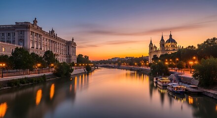 Fototapeta premium River reflects cityscape and cathedral at dusk