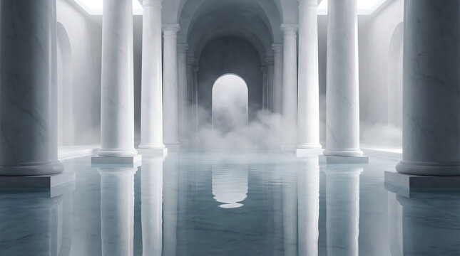 Panoramic architecture background of grand marble pillars with bases in reflective water pool and mist covered archway