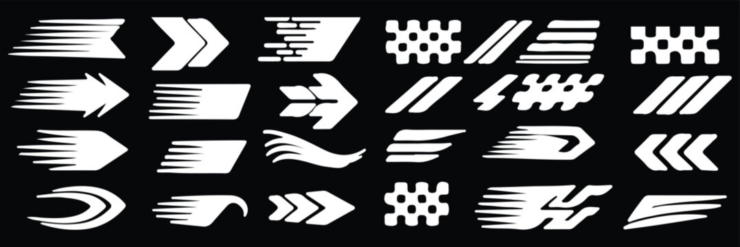 Collection of black and white racing stripes and checkered flag patterns for sports and speed branding with various geometric arrow shapes and linear divider