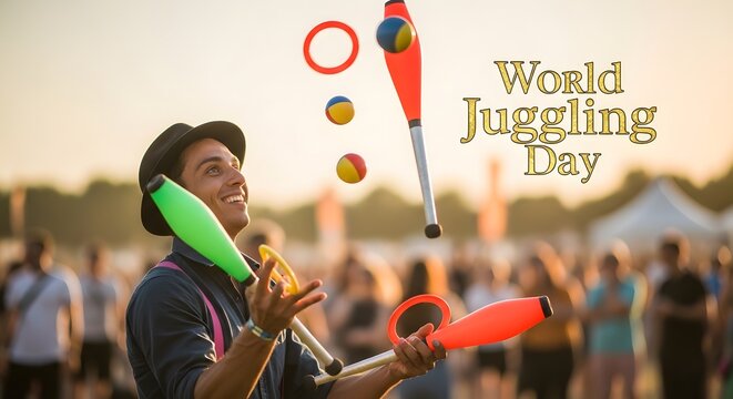 Happy man juggling clubs and balls at a public festival celebration