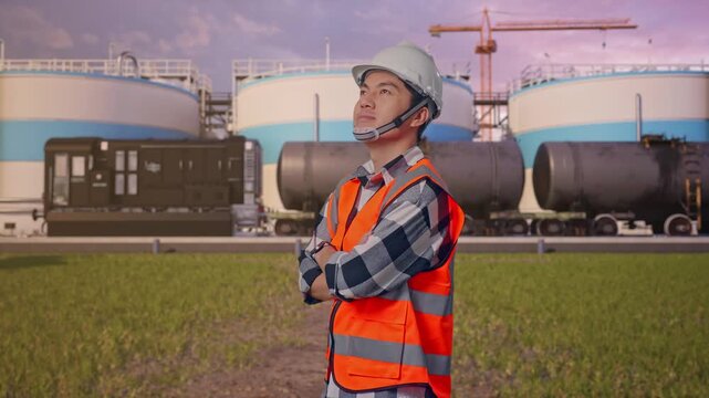 Side View Of Asian Male Engineer With Safety Helmet Crossing His Arms And Looking Around While Standing at Oil Refinery with Large Fuel Tanks and Cargo Train