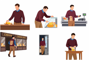 Fototapeta premium Man shopping for cheese in a boutique shop vector illustration set