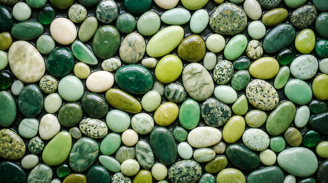 Top view of smooth green jade stones and polished pebbles background texture