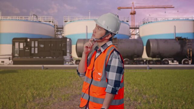Side View Of Asian Male Engineer With Safety Helmet Thinking And Looking Around Then Raising His Index Finger While Standing at Oil Refinery with Large Fuel Tanks and Cargo Train