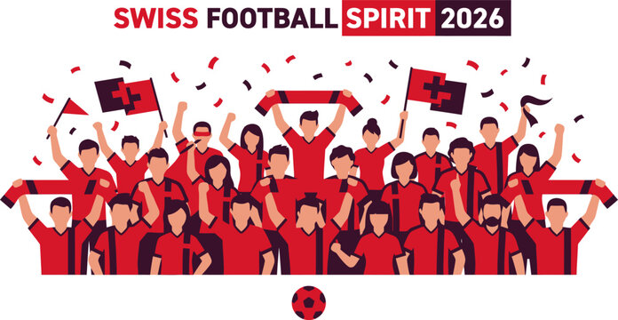 Swiss football fans celebrating with flags and banners  joyful crowd in red