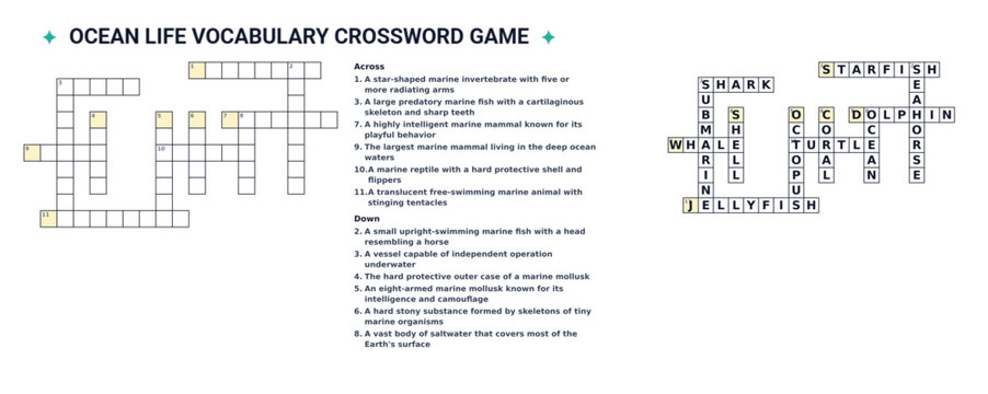 Ocean life vocabulary crossword puzzle game with solution for marine biology education worksheets and kids science activities