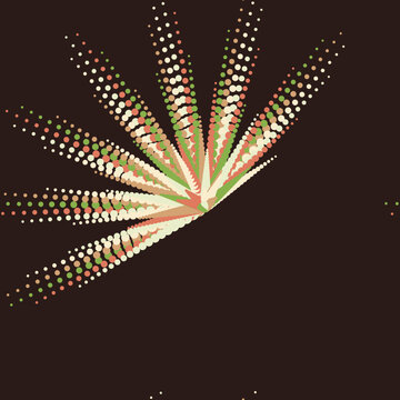 Retro style abstract halftone floral burst of colorful dotted rays on dark brown background demonstrating creative generative digital artwork