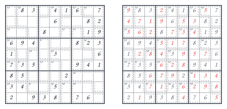 Hard killer sudoku grid templates with cage sums and solution layout for mental training worksheets and math puzzle books