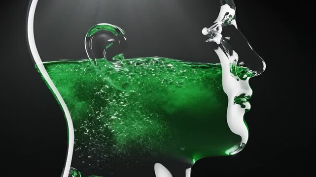 Head silhouette filled with swirling green liquid demonstrates a metaphorical representation of mental health and internal cognitive processes.
