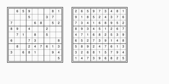 Double sudoku grid templates showing unsolved number puzzle and completed layout for educational worksheets and mental training activity