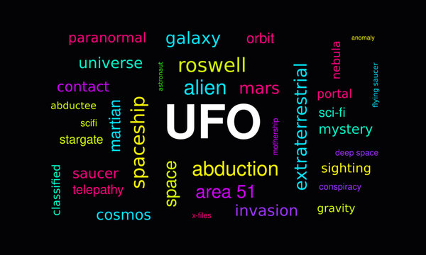 Typographic word cloud of colorful sci-fi and extraterrestrial terms centered around UFO on black background for alien mystery and space concept