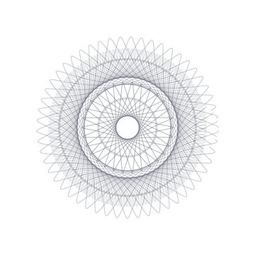 Fine line symmetric spirograph mandala on white background representing sacred geometry and complex mathematical generative design concept