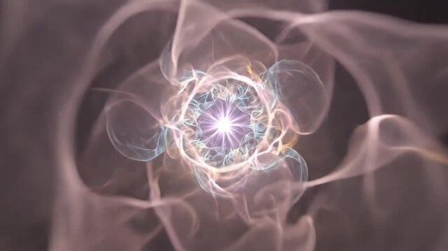 A vibrant abstract fractal flower glows with ethereal light against a dark background