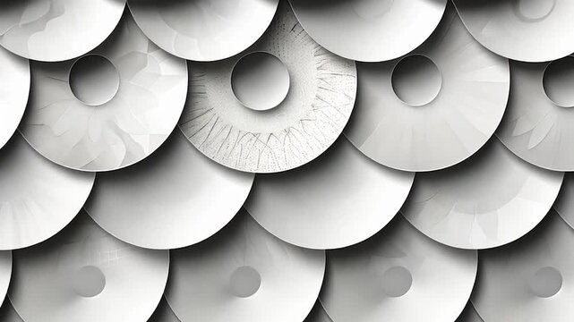 Abstract grayscale circles pattern design, overlapping discs background texture. Modern minimalist geometric art, digitally created, intricate design wallpaper.