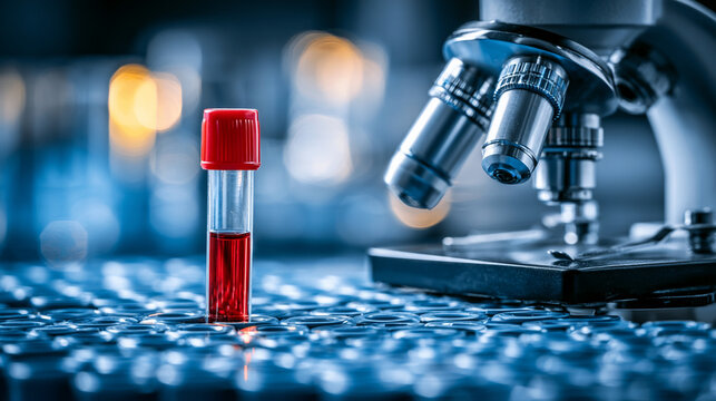 Scientific Laboratory Microscope Beside Glass Tube With Red Fluid Blood Sample Analysis

