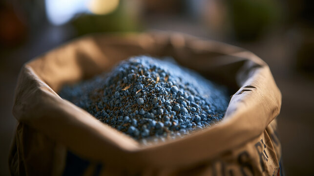 Open Paper Sack Filled With Blue Granular Chemical Fertilizer For Agriculture
