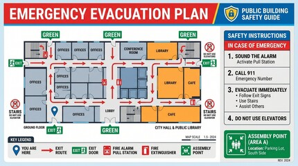 Fototapeta premium Public building emergency evacuation plan map with safety instructions, building