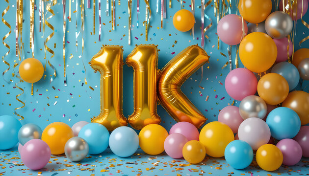 Golden 11 K balloons and festive party streamers Keywords: 11k, eleven thousand, celebration