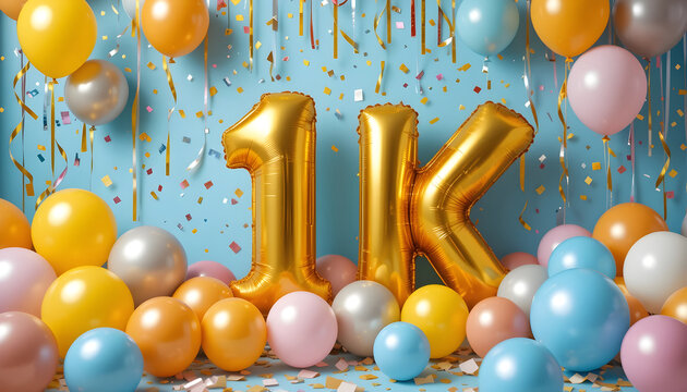 Golden 11 K balloons and vibrant confetti celebration Keywords: 11k, eleven thousand