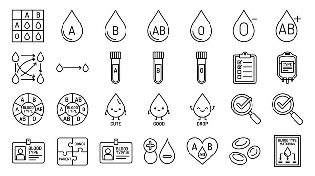 Blood group classification vector icon set with ABO drops, test tubes, charts, clipboards, puzzle matches, ID cards, and medical lab symbols