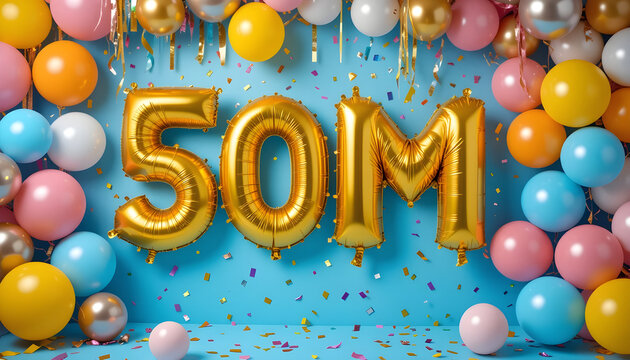 Golden 50 Million Balloons With Confetti And Streamers Keywords: 50 million, fifty million