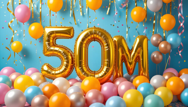 Golden 50 Million Balloons With Confetti And Streamers Keywords: 50 million, fifty million