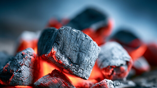 Glowing hot charcoal briquettes burning with red embers inside an outdoor grill
