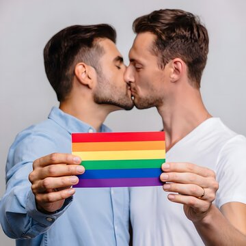 Two Men Kissing and Holding Rainbow Flag in Celebration of Love