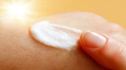 Fototapeta premium Finger spreading white sunscreen cream on human skin under bright sunlight 