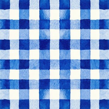 Watercolor blue and white checkered pattern, grid design