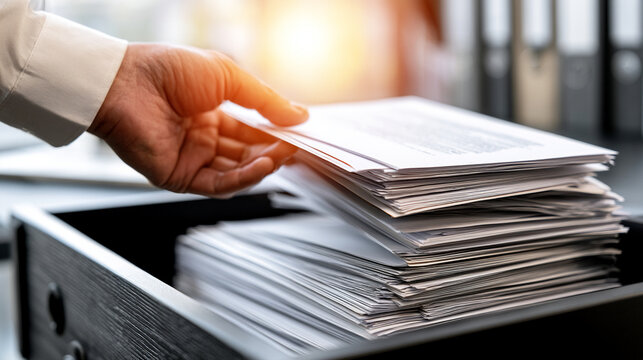 Hand of businessman organizing paper documents in a black office drawer
