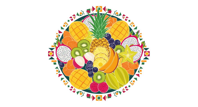 Colorful fruit arrangement in circular pattern with floral border